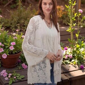 Sundance Ivory Boho Crochet Lace Bell Sleeve Kimono Cardigan Size S